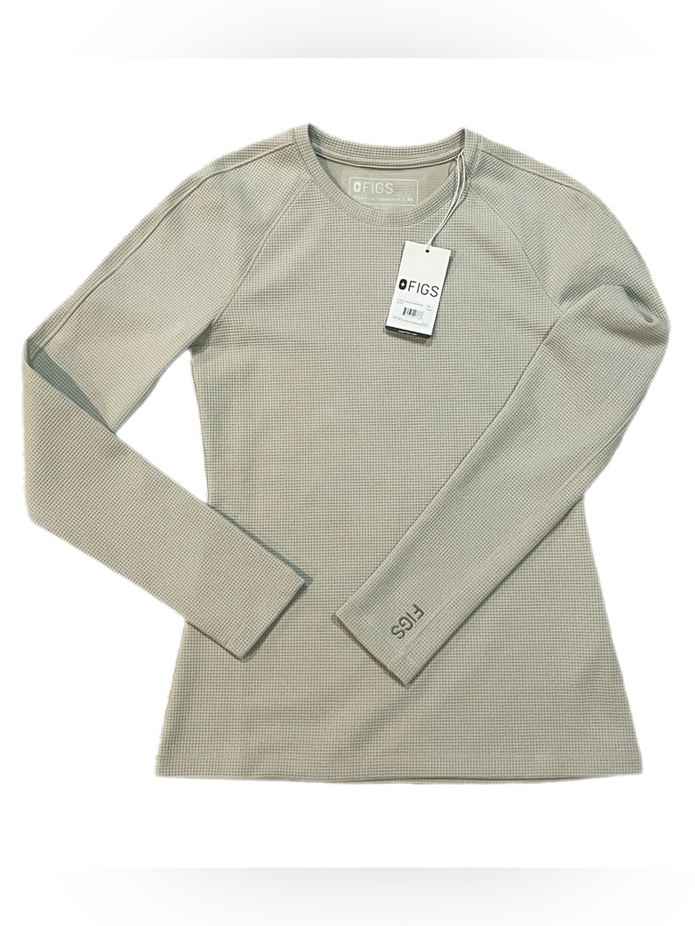 FIGS Waffle Knit Underscrub Crew Neck long sleeve Sand Beige Neutral XS NWT